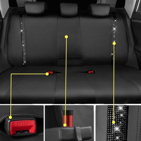 CAR PASS Black Diamond Leather Bling/Rhinestone  Car Seat Cover Full Set | NEW - Picture 7 of 11